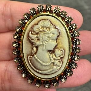 Vintage Cameo Brooch with Gold and Brown Accents